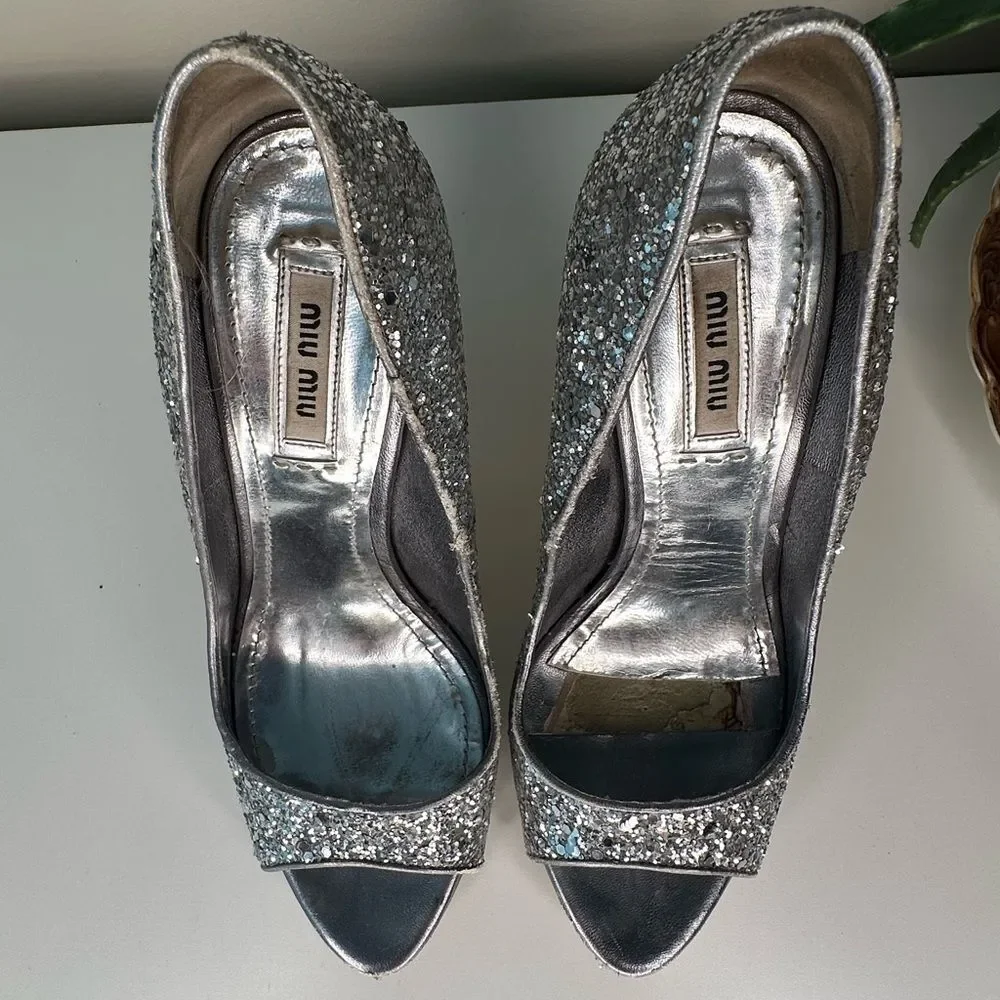 ✨ Miu Miu Silver Glitter Peep-Toe Heels 36.5 (US 6.5) Designer Party Shoes Italy - Picture 7 of 13